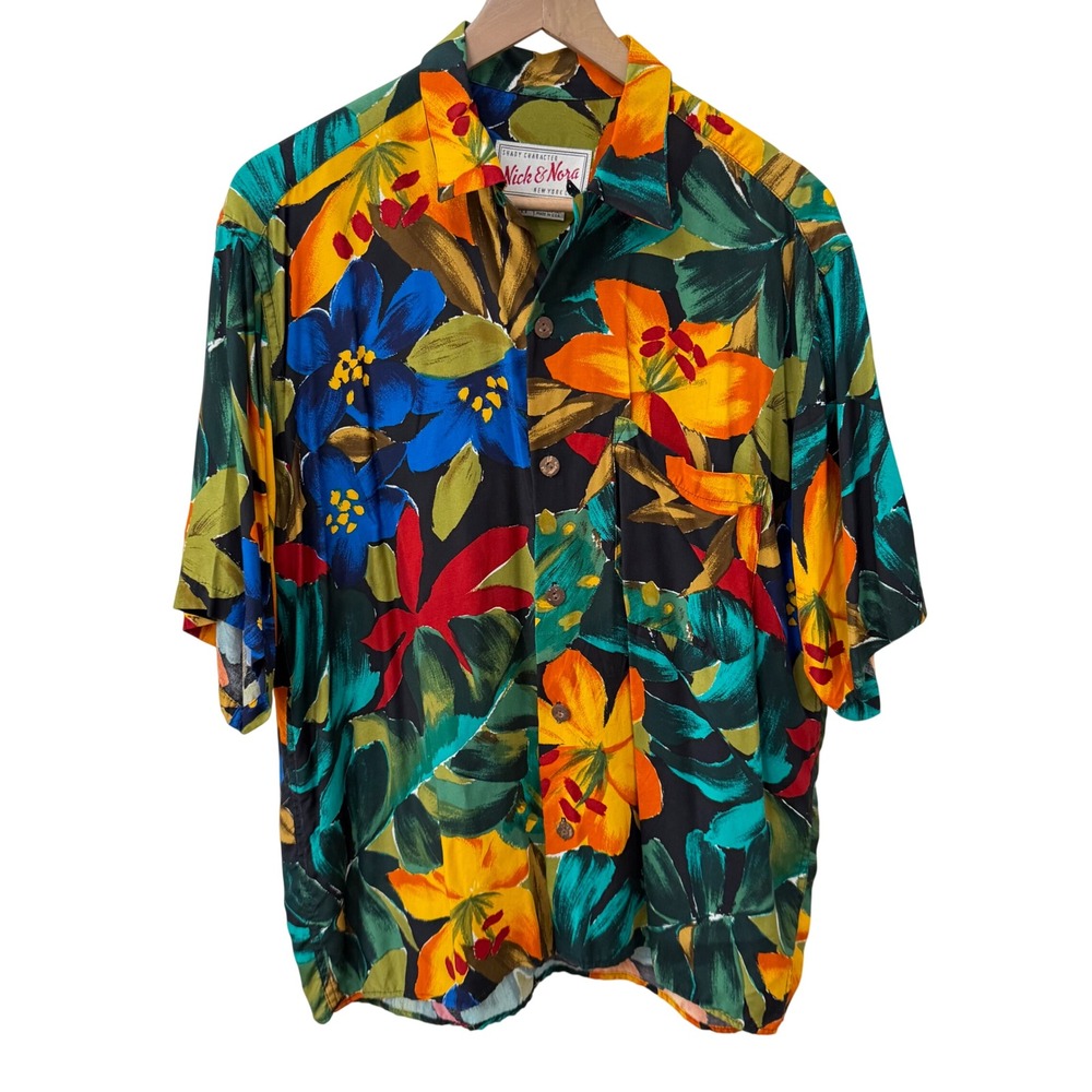 Nick & Nora Shady Character Shirt Medium Multicolor Tropical Floral Rayon USA